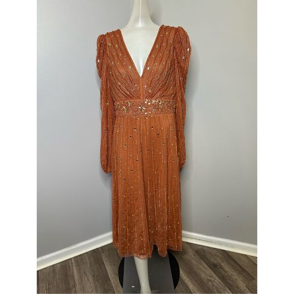 MAC DUGGAL HAND EMBELLISHED V NECK PUFF SLEEVE A LINE DRESS - Picture 4 of 11